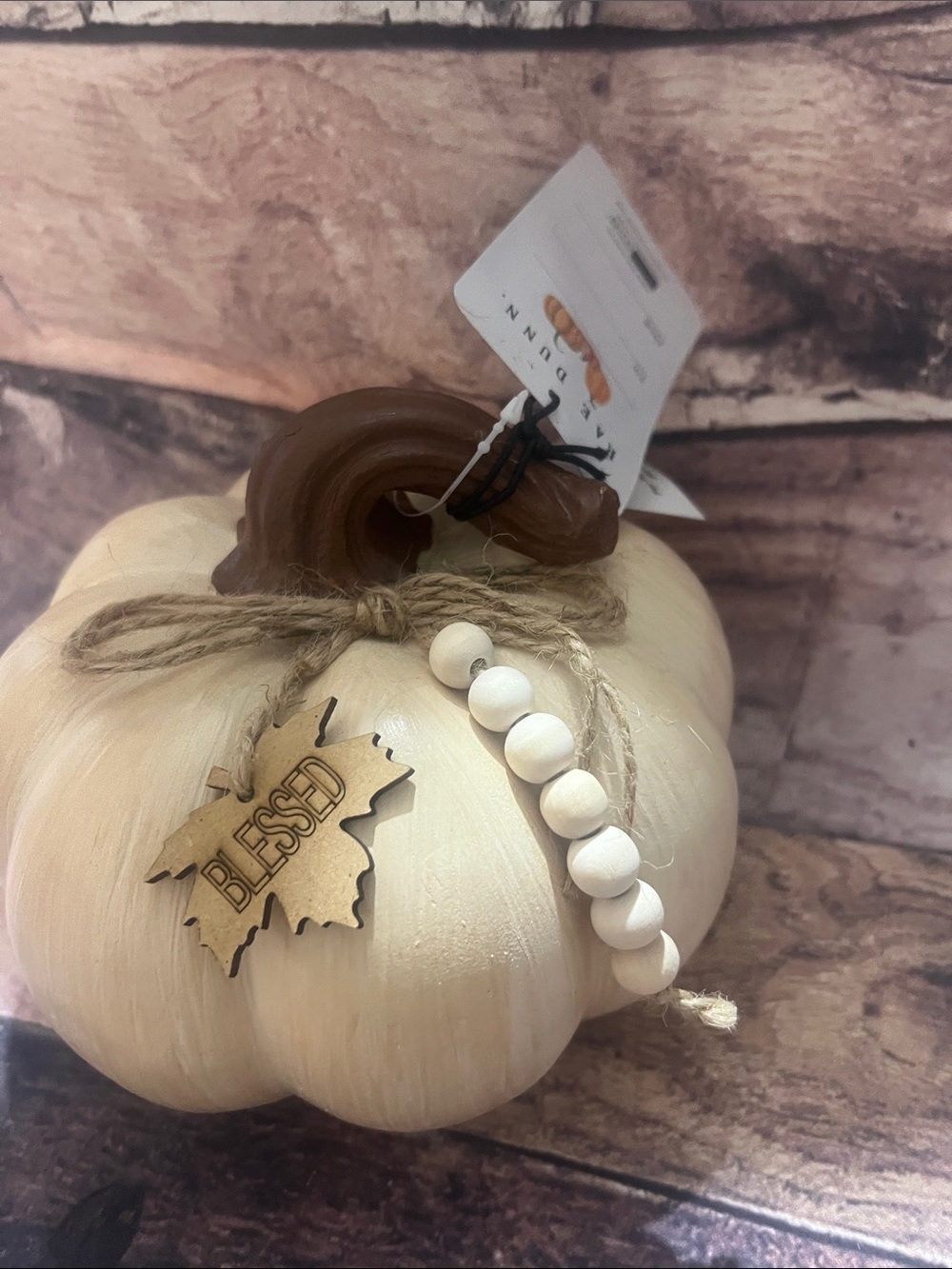 Rae Dunn Cream Pumpkin with Twine bow, wooden beads & blessed leaf